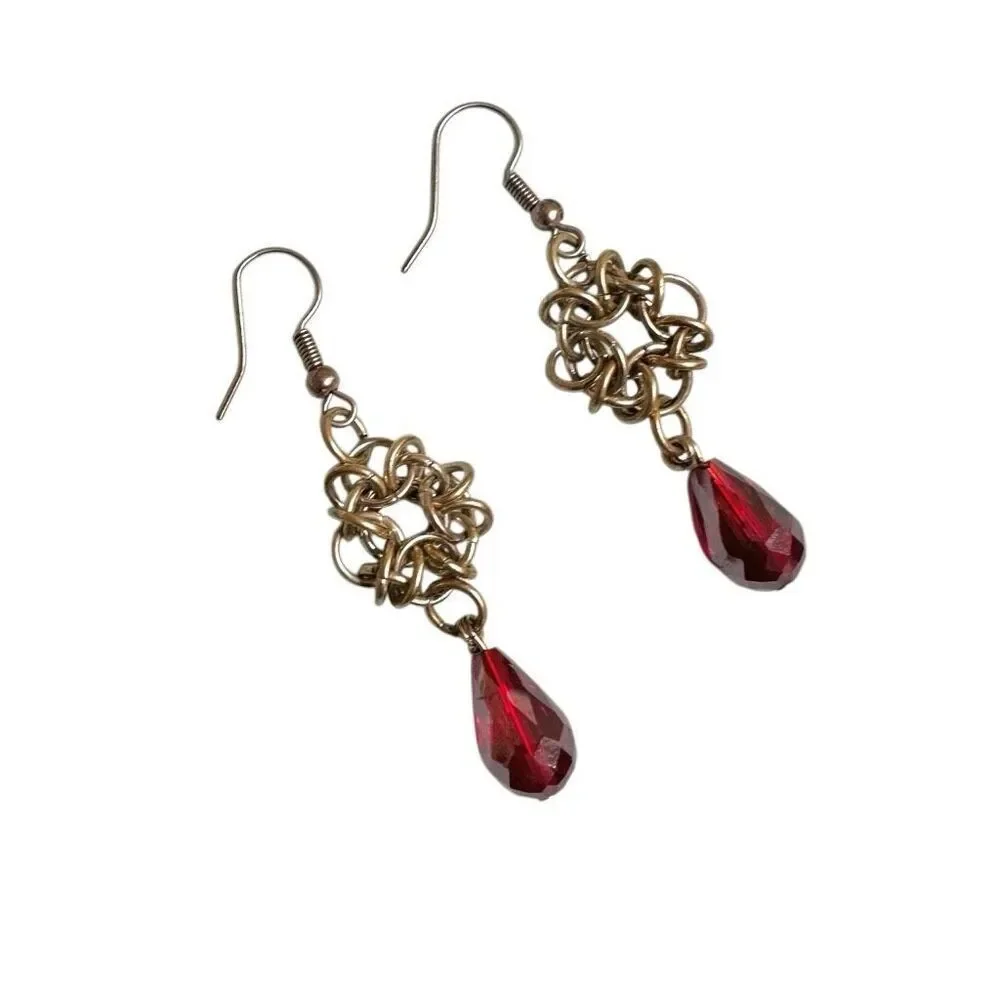 Silver red crystal teardrop earrings silver tone